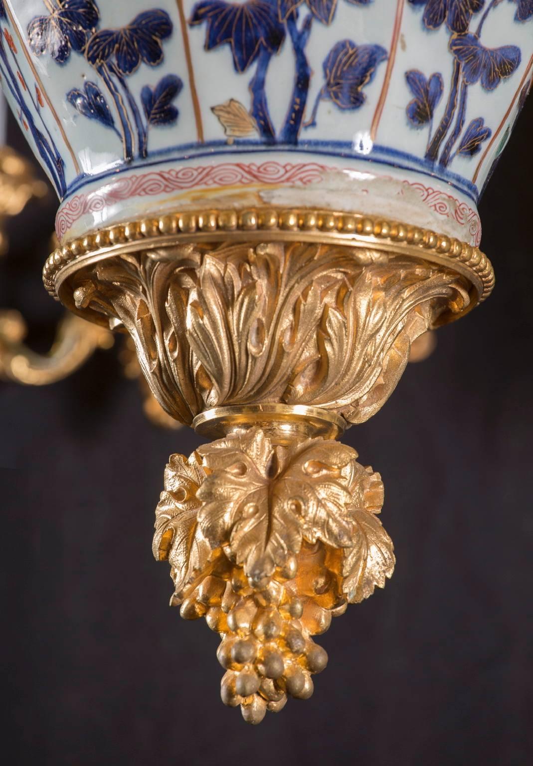 Antique Bronze and Imari Porcelain Chandelier Covered in Gold In Excellent Condition In New Orleans, LA