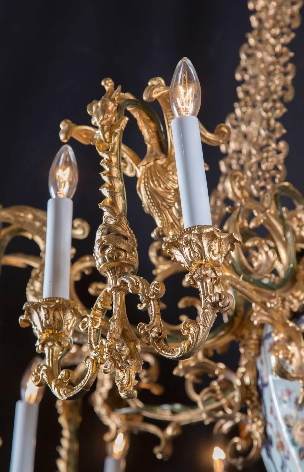 19th Century Antique Bronze and Imari Porcelain Chandelier Covered in Gold