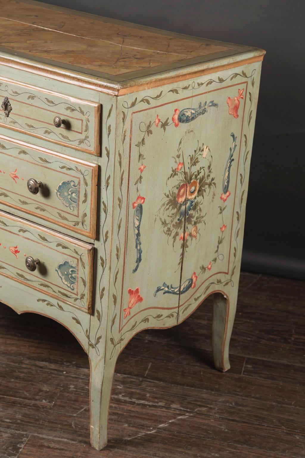 Wood Italian Louis XV Floirate Painted Chest with Faux Marbre Top, 19th Century  For Sale