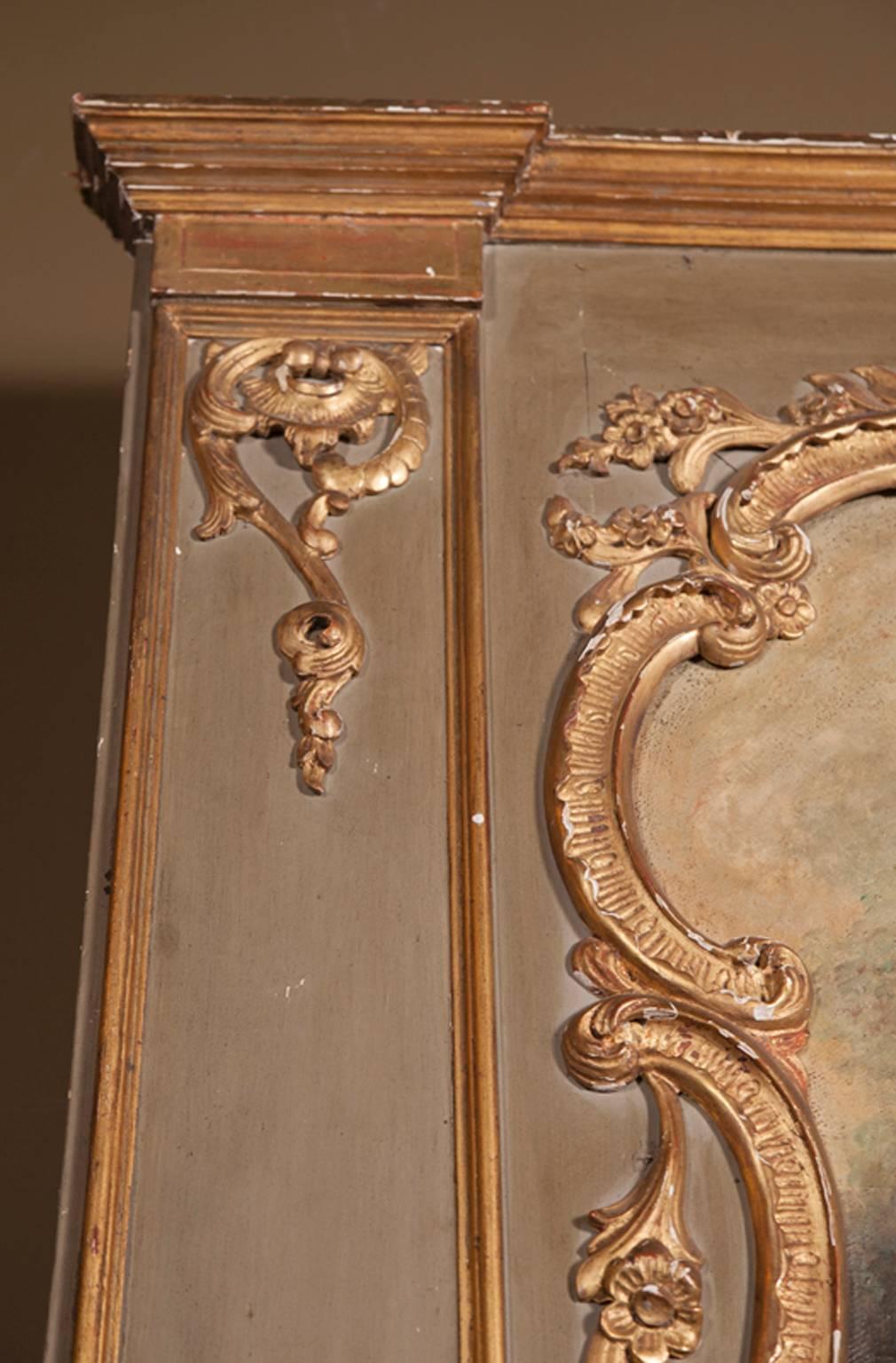 Hand-Carved Louis XVI Trumeau with Painting and Carved Gold Leaf, French 19th Century  For Sale