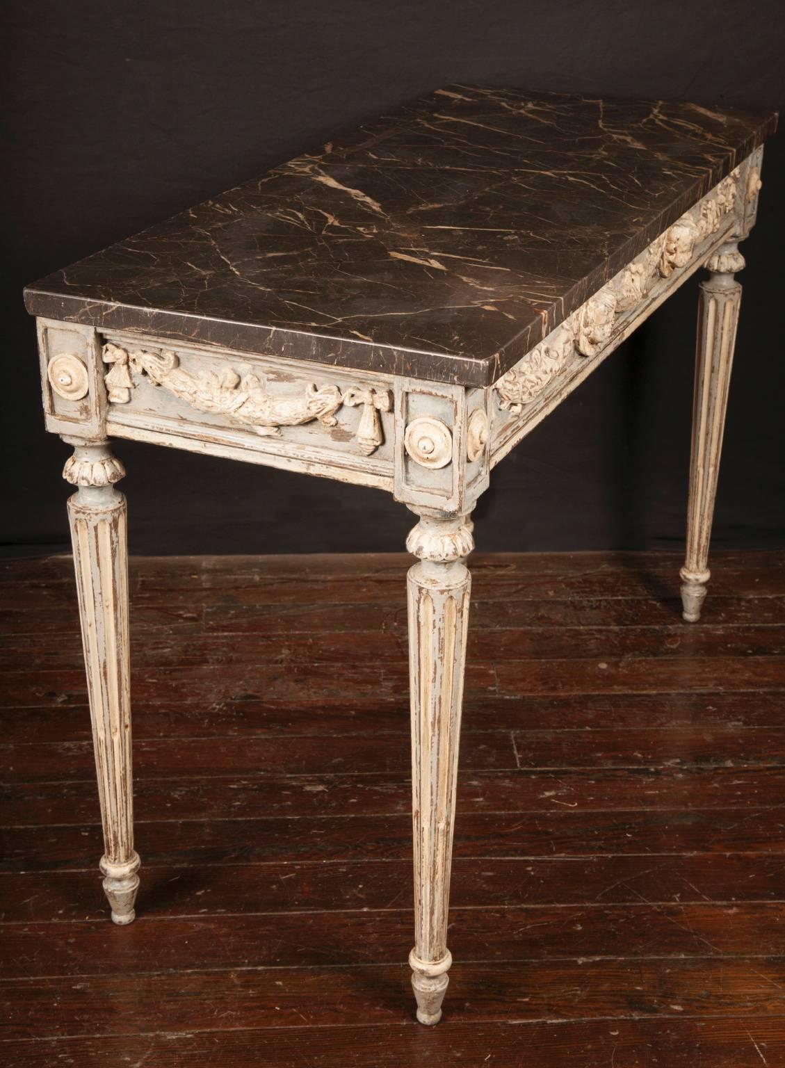 Hand-Carved 18th Century Louis XVI Carved and Painted Consoles with Marble Top For Sale