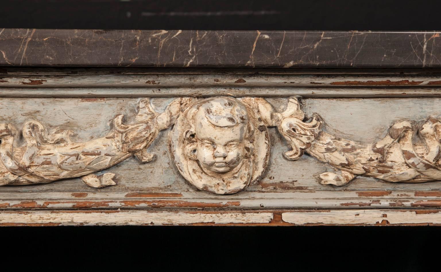 Wood 18th Century Louis XVI Carved and Painted Consoles with Marble Top For Sale