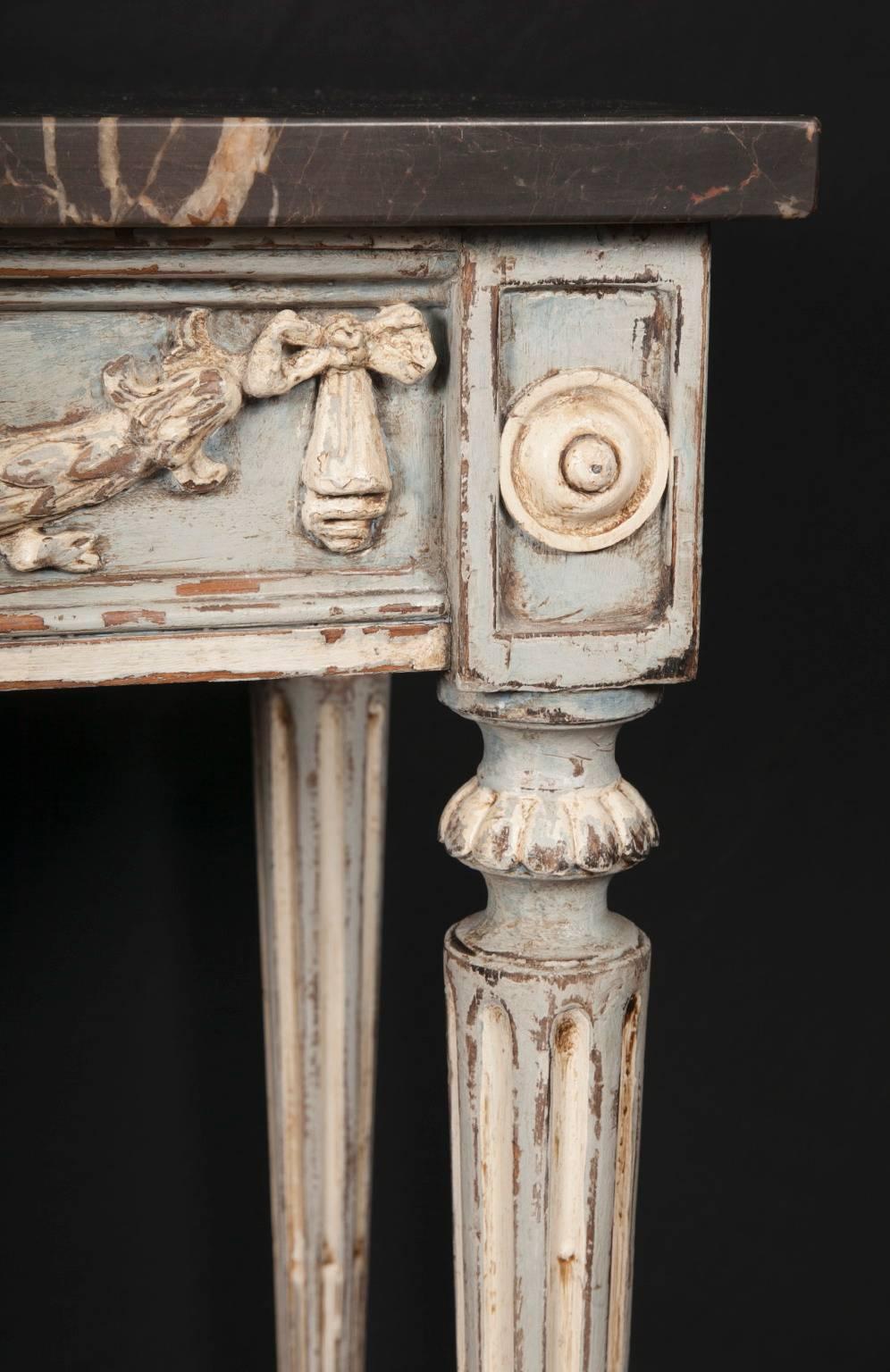 18th Century Louis XVI Carved and Painted Consoles with Marble Top For Sale 1