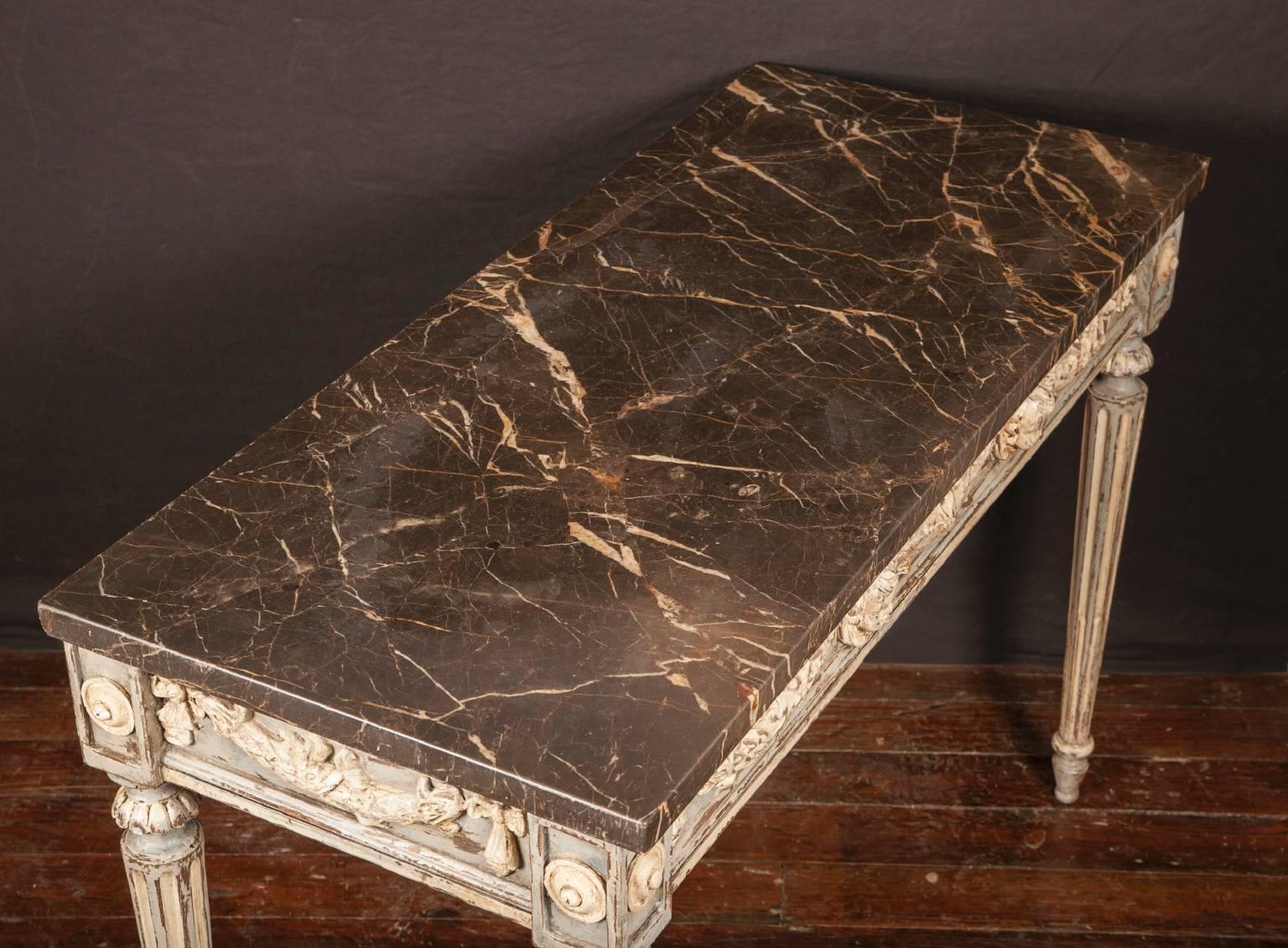 18th Century Louis XVI Carved and Painted Consoles with Marble Top In Good Condition For Sale In New Orleans, LA