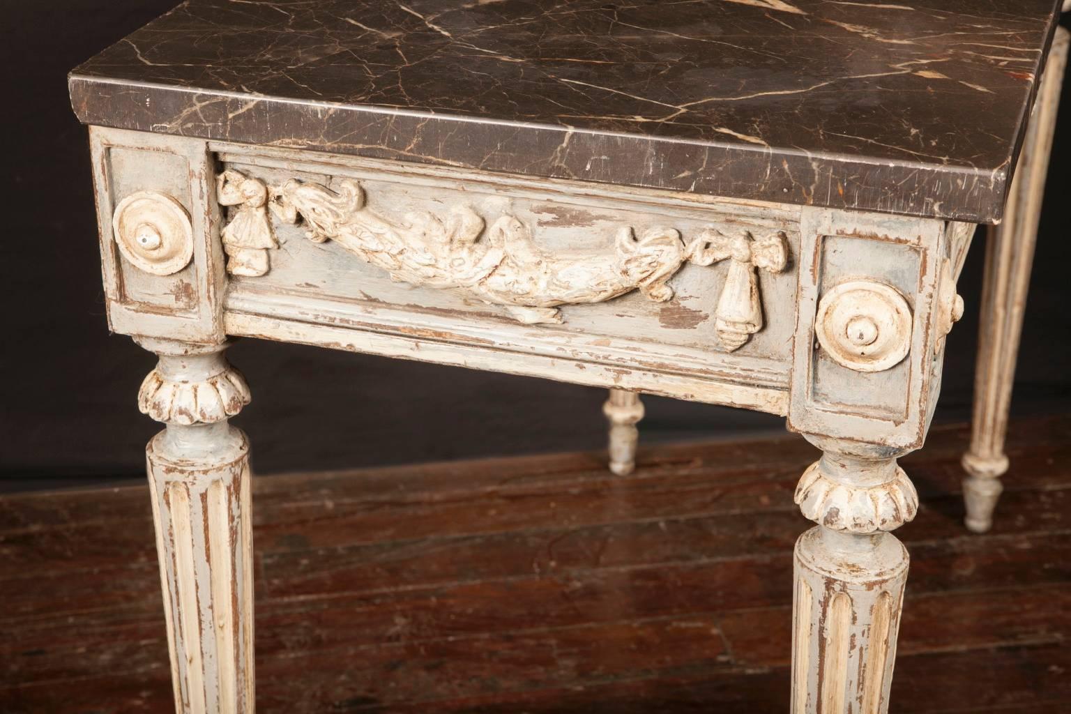 French 18th Century Louis XVI Carved and Painted Consoles with Marble Top For Sale