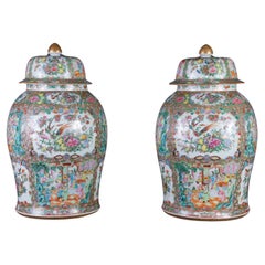 Pair: Exquisite Early 19th Century Chinese Rose Medallion Porcelain Temple Jars