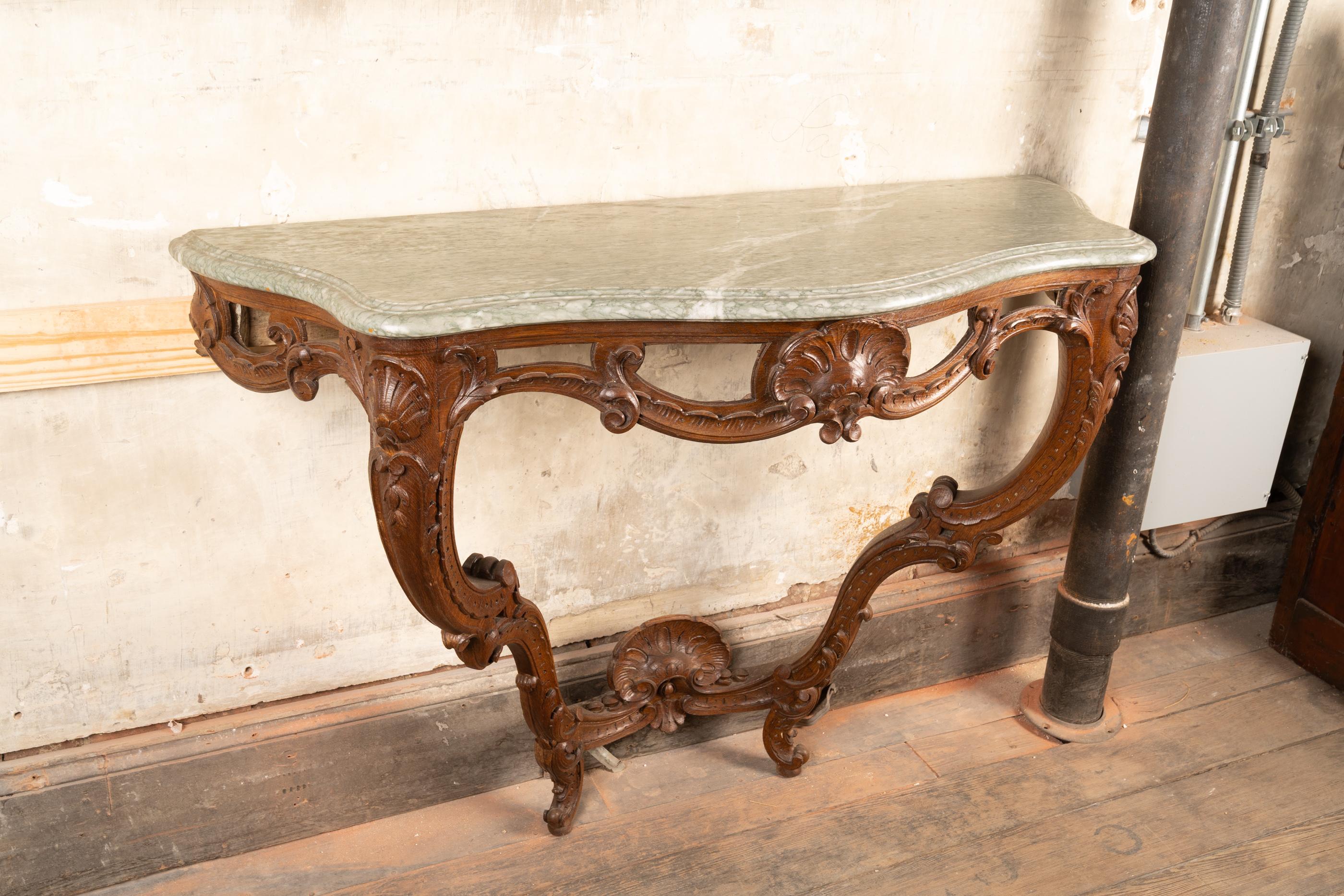 Hand-Carved French 18th Century Louis XV Walnut and Marble Top Console For Sale
