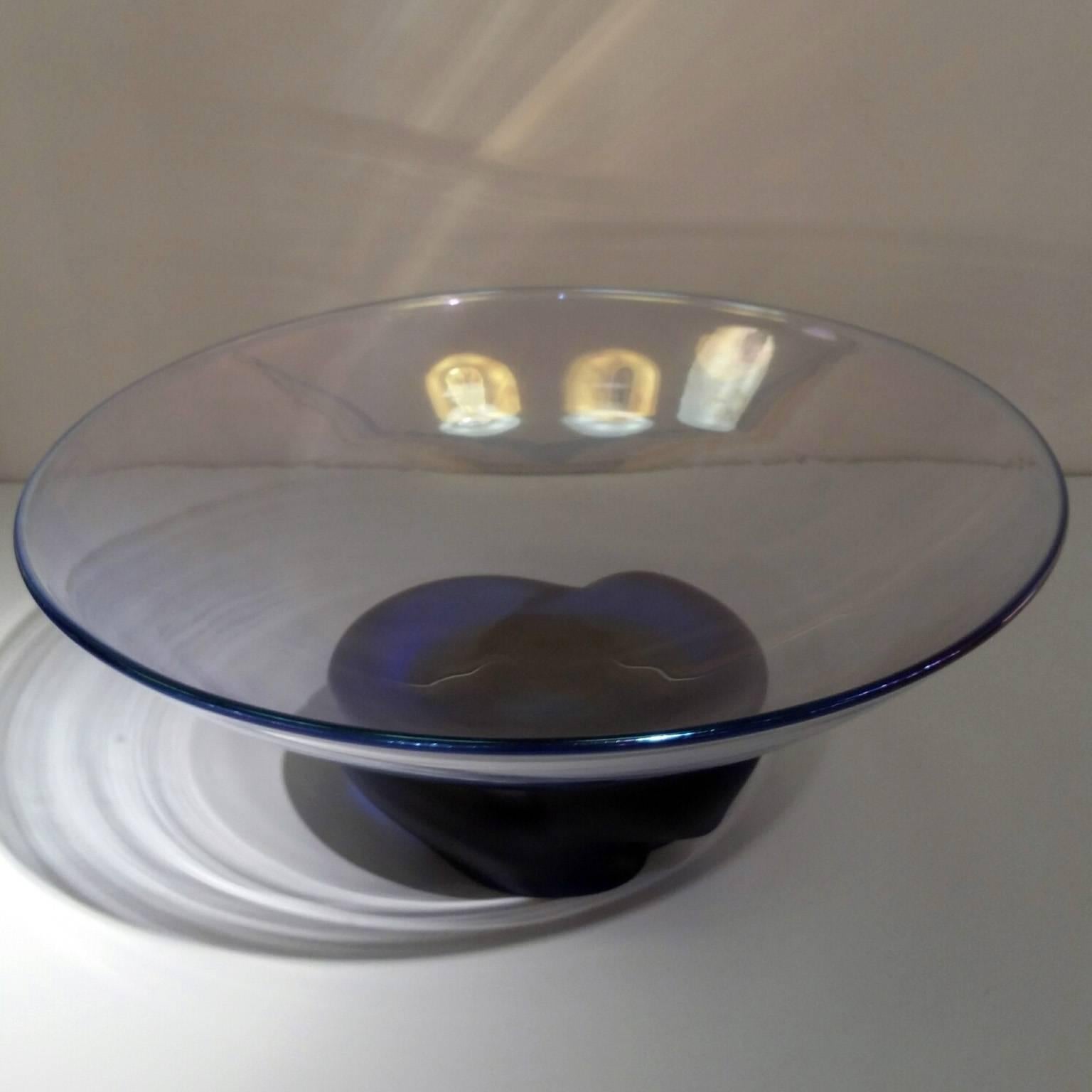Handmade Murano blow-glass bowl composed of two parts, an heavy full glass glazed diaphanous base and an iridescent light lavender upper part.

Signature: Venini Laura 1993.
   