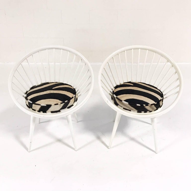 Scandinavian Modern Vintage Pair of Yngve Ekstrom Circle Chairs Reupholstered in Zebra Hide For Sale