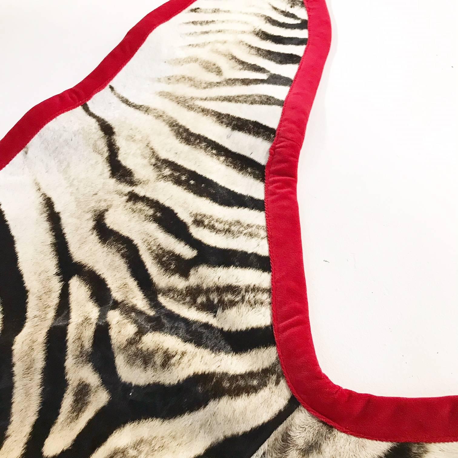 Forsyth One of a Kind Zebra Hide Rug Trimmed in Luxe Red Velvet In Excellent Condition In SAINT LOUIS, MO