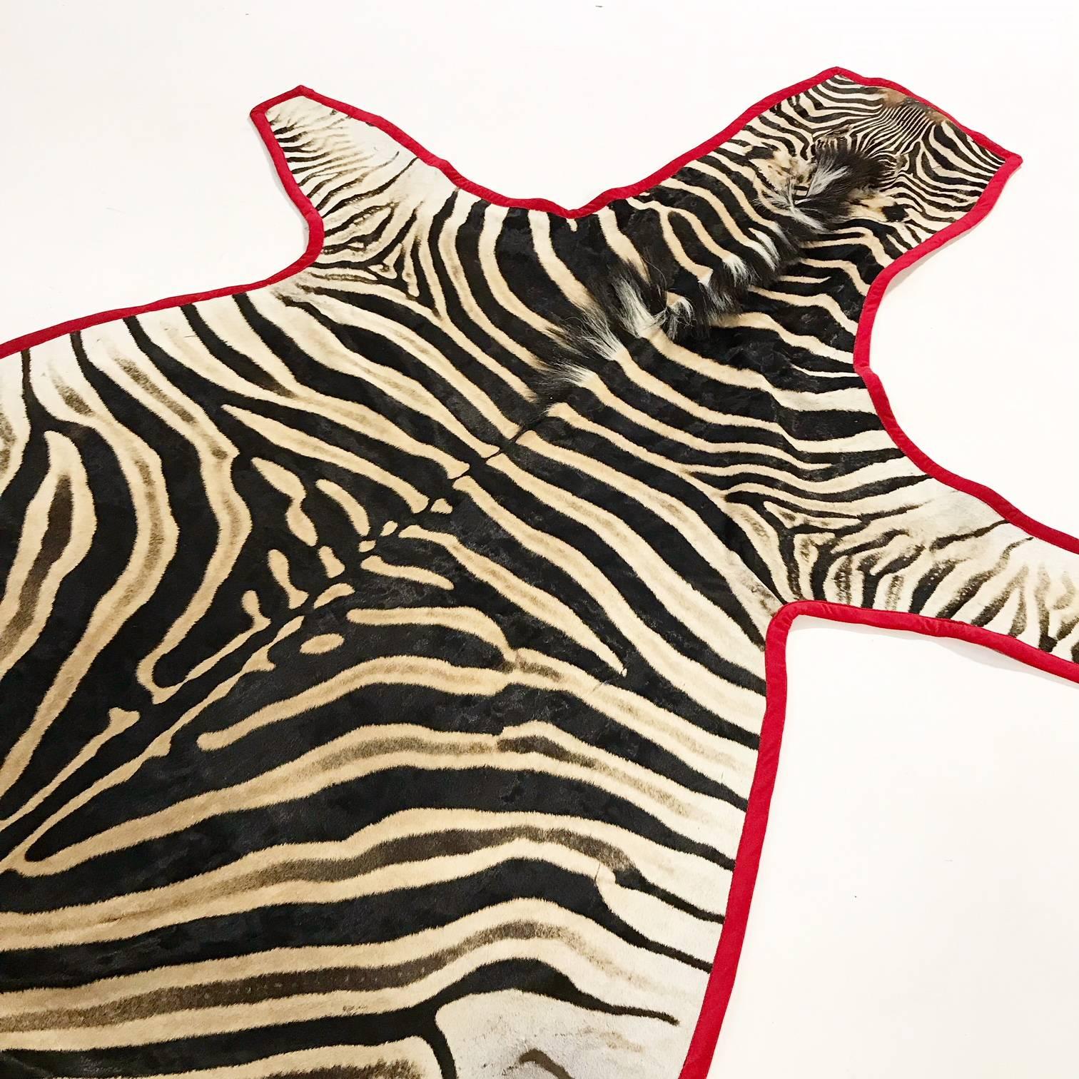 Forsyth's master upholsterers expertly trimmed this zebra hide rug in luxurious red velvet. The hue adds the perfect POP of color to the graphic zebra.