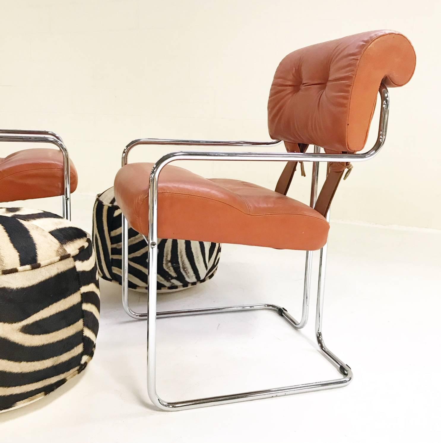 1970s vibes! These extremely comfortable chairs were designed by Guido Faleschini in 1972 and produced in Italy by Mariani for the Pace Collection. The tobacco hued leather is all original and in very good condition. We paired the striking pair with