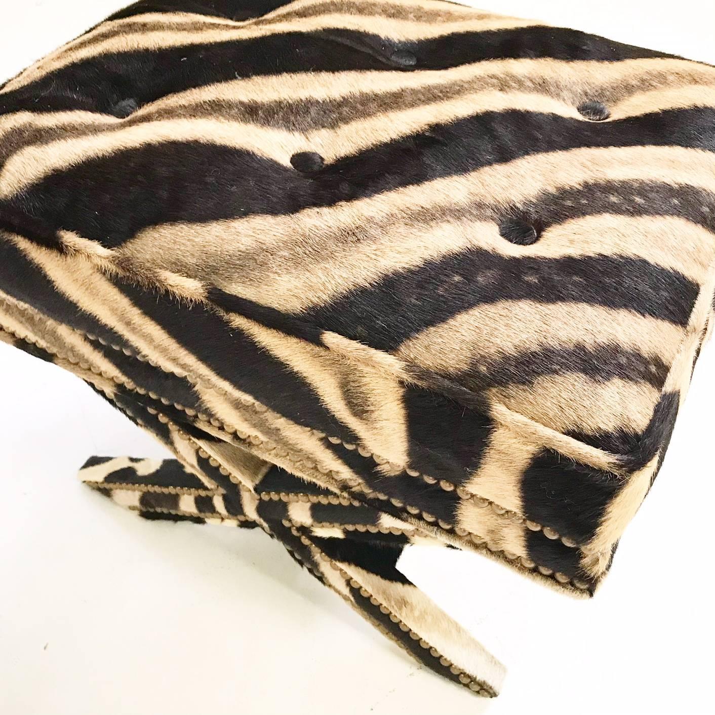 North American Vintage Billy Baldwin Style X Bench Ottoman Reupholstered in Zebra Hide