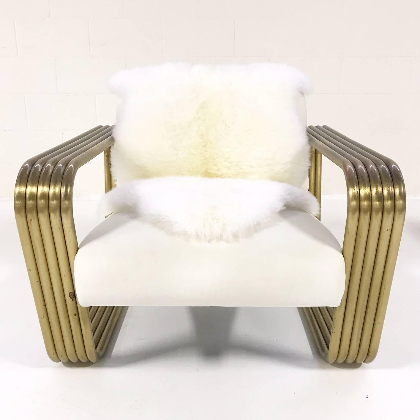 Brass Pair of circa 1975 Jay Spectre Lounge Chairs with New Zealand Sheepskin Throws