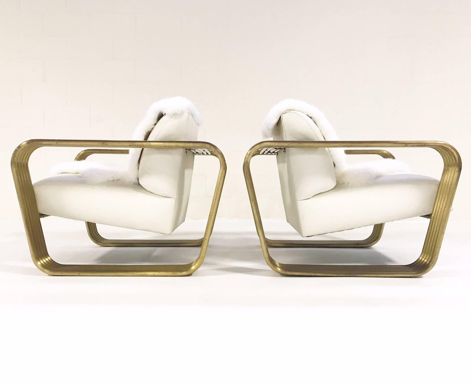 Mid-Century Modern Pair of circa 1975 Jay Spectre Lounge Chairs with New Zealand Sheepskin Throws