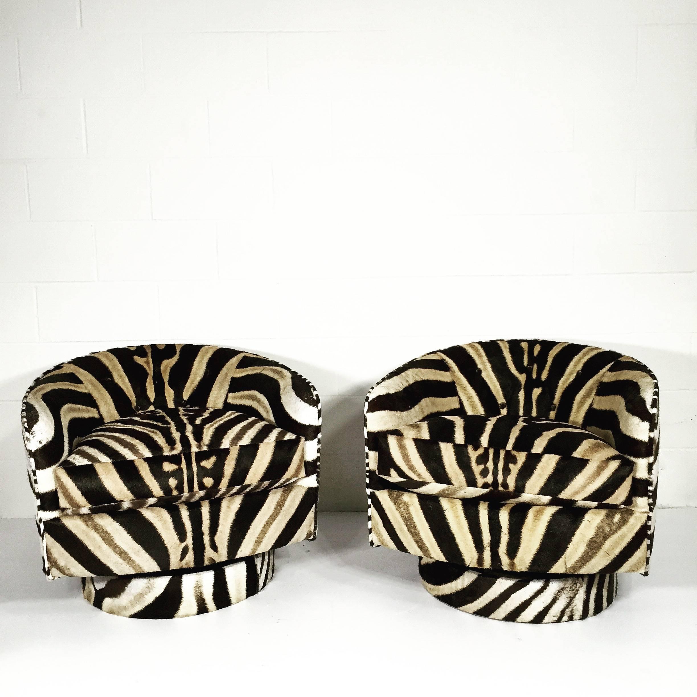 North American Milo Baughman 360 Degree Swivel and Tilt Club Chairs in Zebra Hide