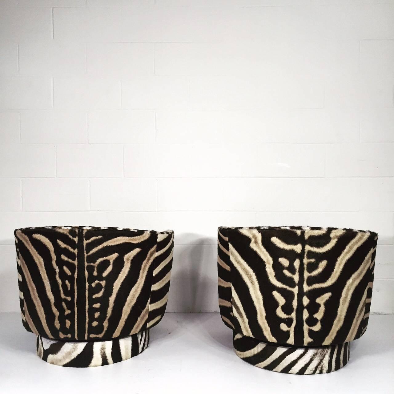 Milo Baughman 360 Degree Swivel and Tilt Club Chairs in Zebra Hide In Excellent Condition In SAINT LOUIS, MO
