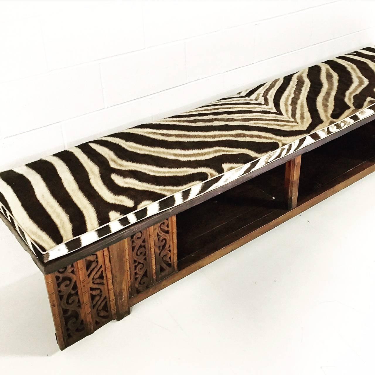 Vintage Carved Chinese Bench with Zebra Hide Cushion In Excellent Condition In SAINT LOUIS, MO
