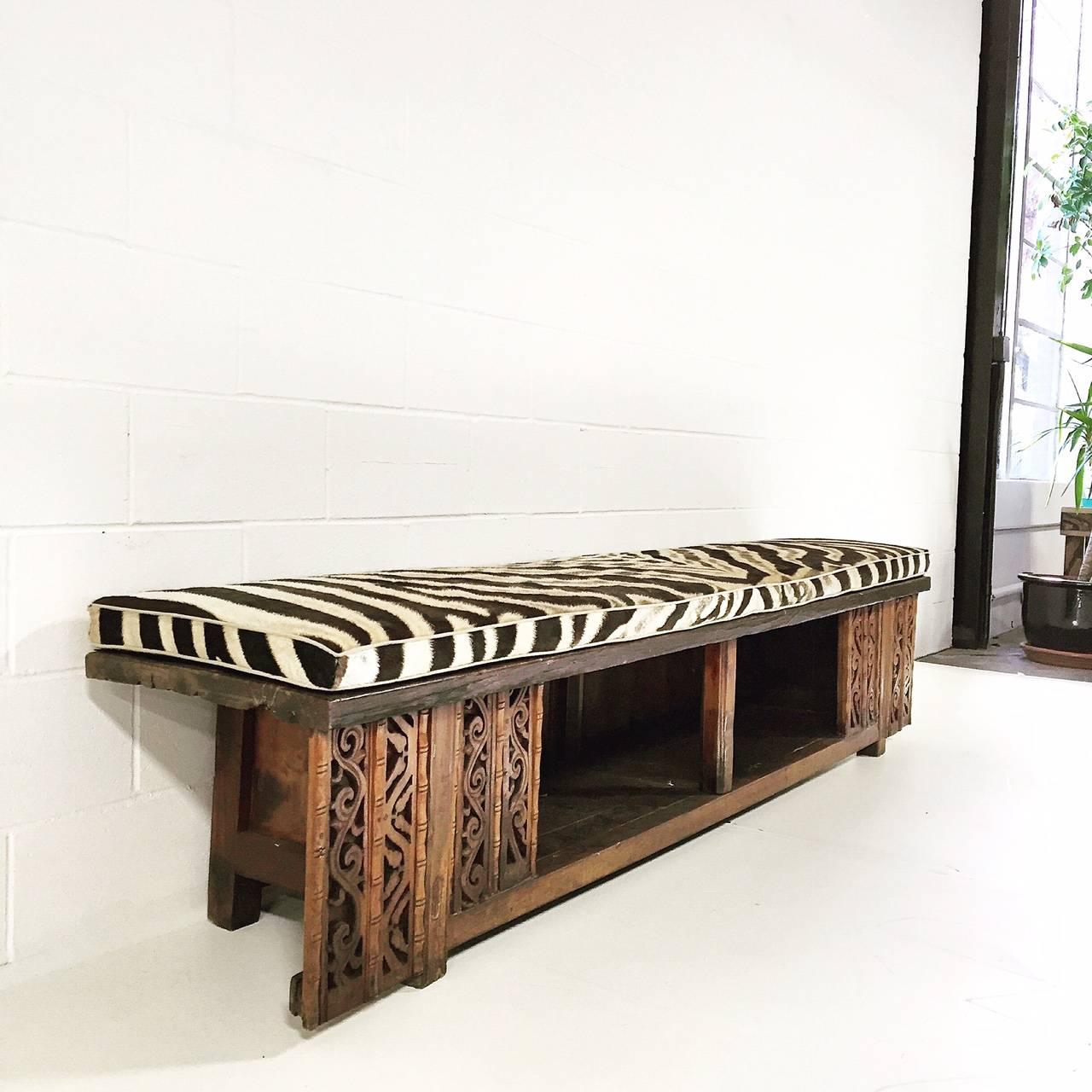 20th Century Vintage Carved Chinese Bench with Zebra Hide Cushion