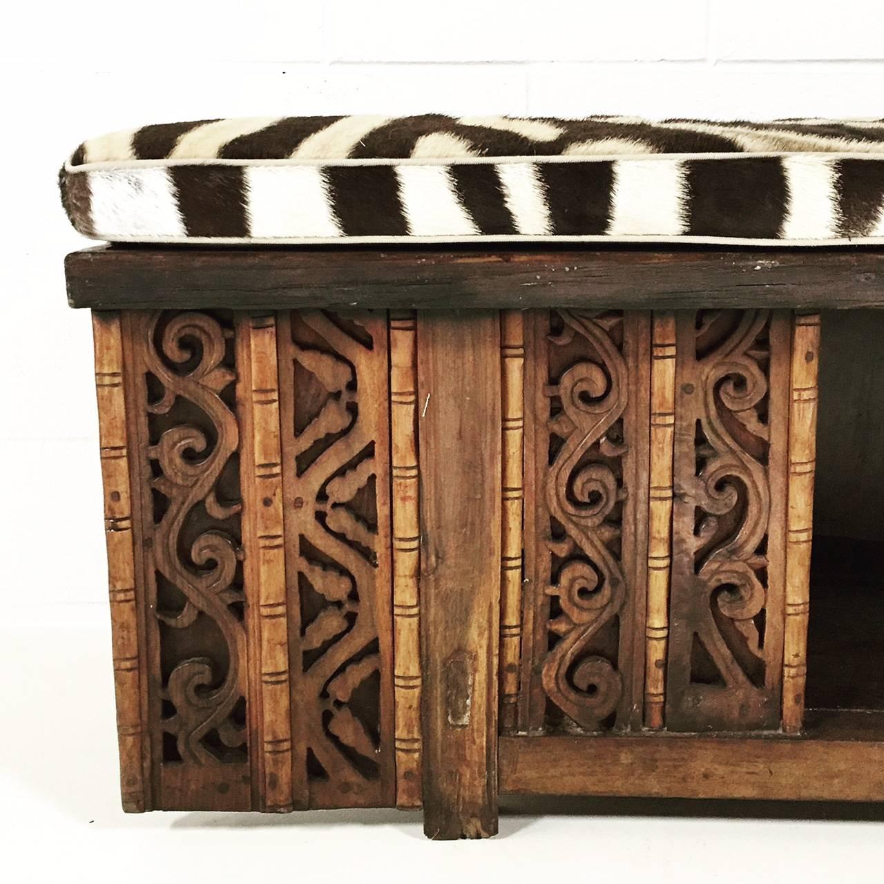 Wood Vintage Carved Chinese Bench with Zebra Hide Cushion
