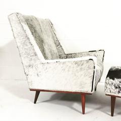 Milo Baughman Style Chair and Ottoman in Brazilian Cowhide