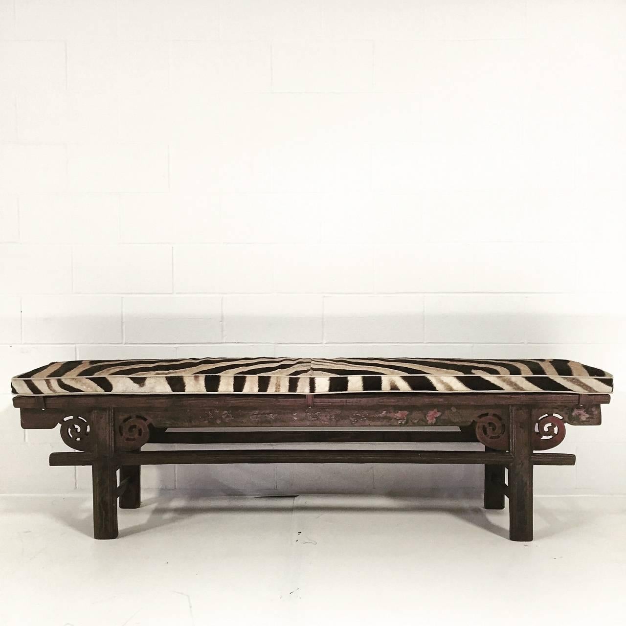 Early 20th Century Vintage Chinese Painted Farmhouse Bench with Zebra Hide Cushion