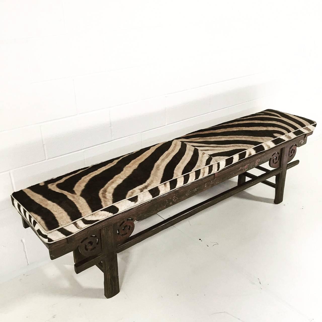 Elm Vintage Chinese Painted Farmhouse Bench with Zebra Hide Cushion