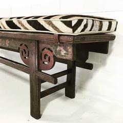 Vintage Chinese Painted Farmhouse Bench with Zebra Hide Cushion