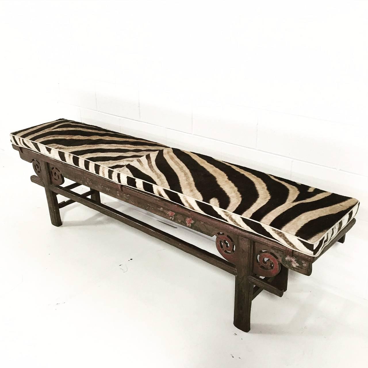 Vintage Chinese Painted Farmhouse Bench with Zebra Hide Cushion 1