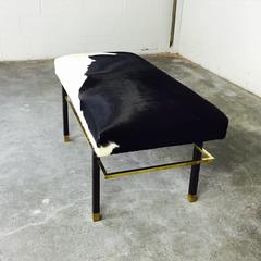 Harvey Probber Brass and Mahogany Bench in Black and White Brazilian Cowhide