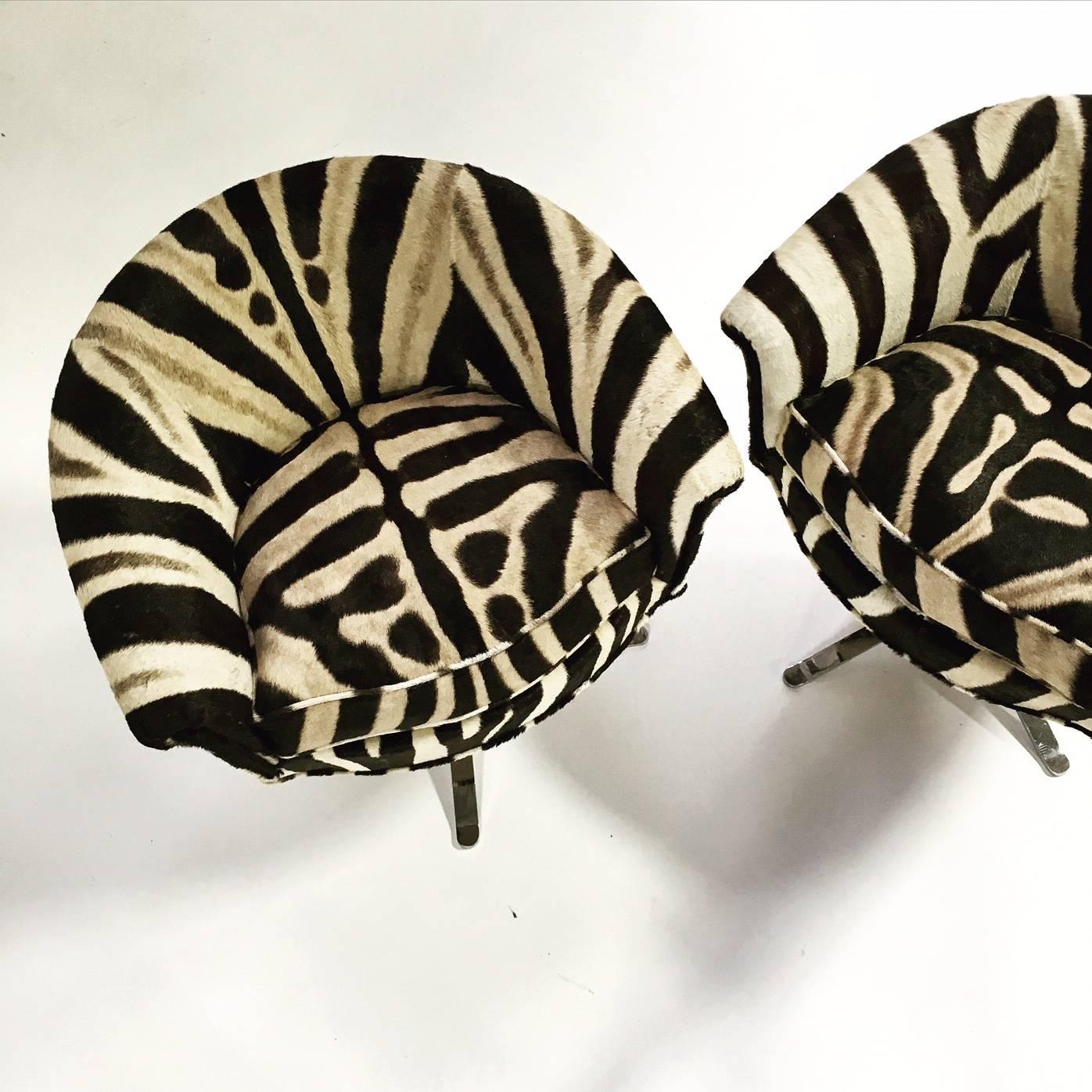 Mid-Century Modern Pair of Swivel Chairs in Zebra Hide by Pace, in the manner of I.M. Rosen