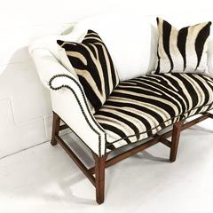 Vintage White Leather and Zebra Hide Loveseat with Two Zebra Hide Pillows