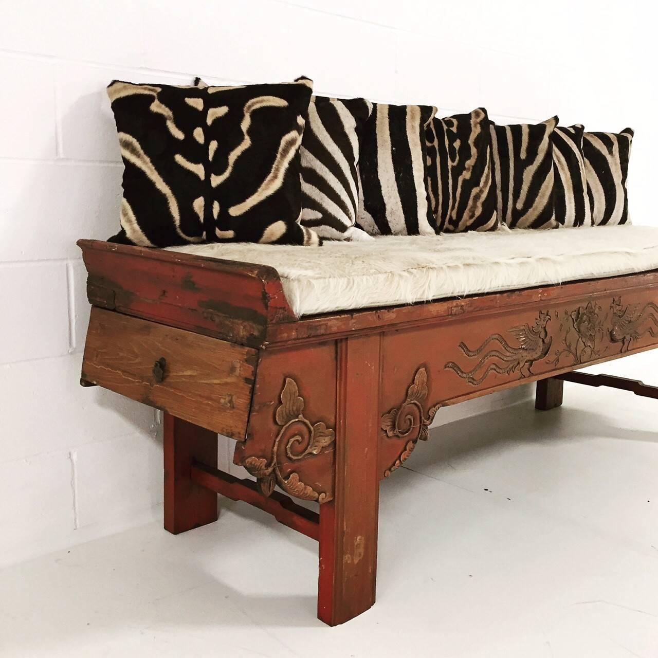 Chinese Carved Phoenix Bird Bench with Ivory Cowhide Cushion and Zebra Hide Pillows