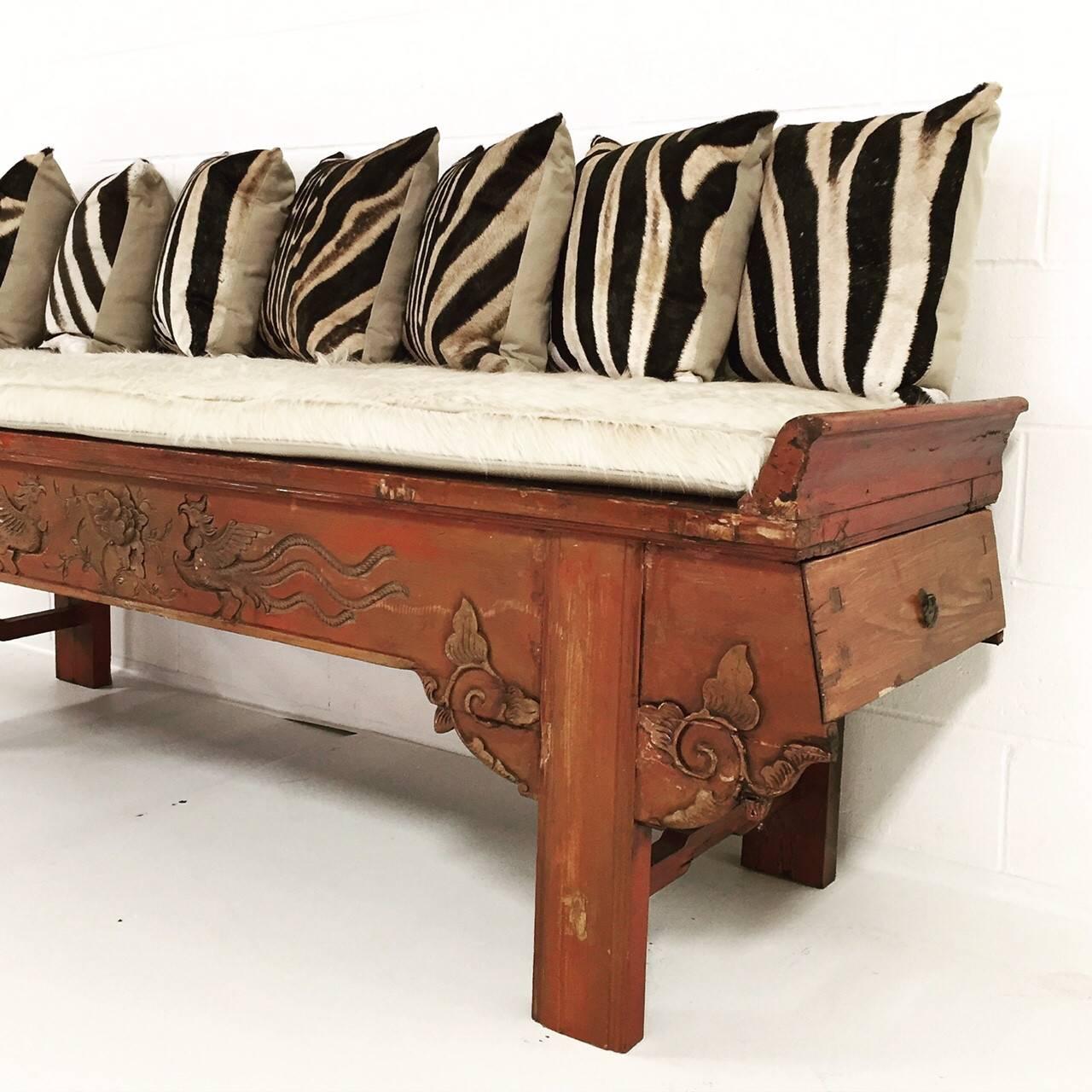 Carved Phoenix Bird Bench with Ivory Cowhide Cushion and Zebra Hide Pillows In Good Condition In SAINT LOUIS, MO