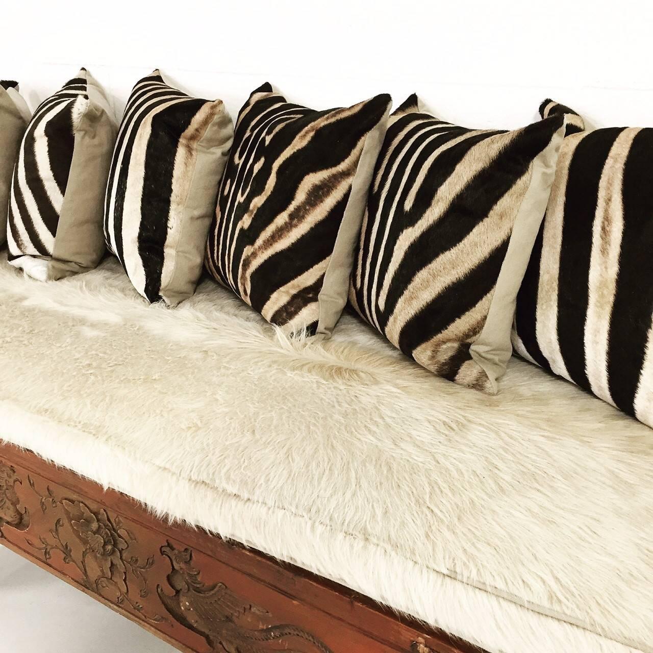 Mid-20th Century Carved Phoenix Bird Bench with Ivory Cowhide Cushion and Zebra Hide Pillows