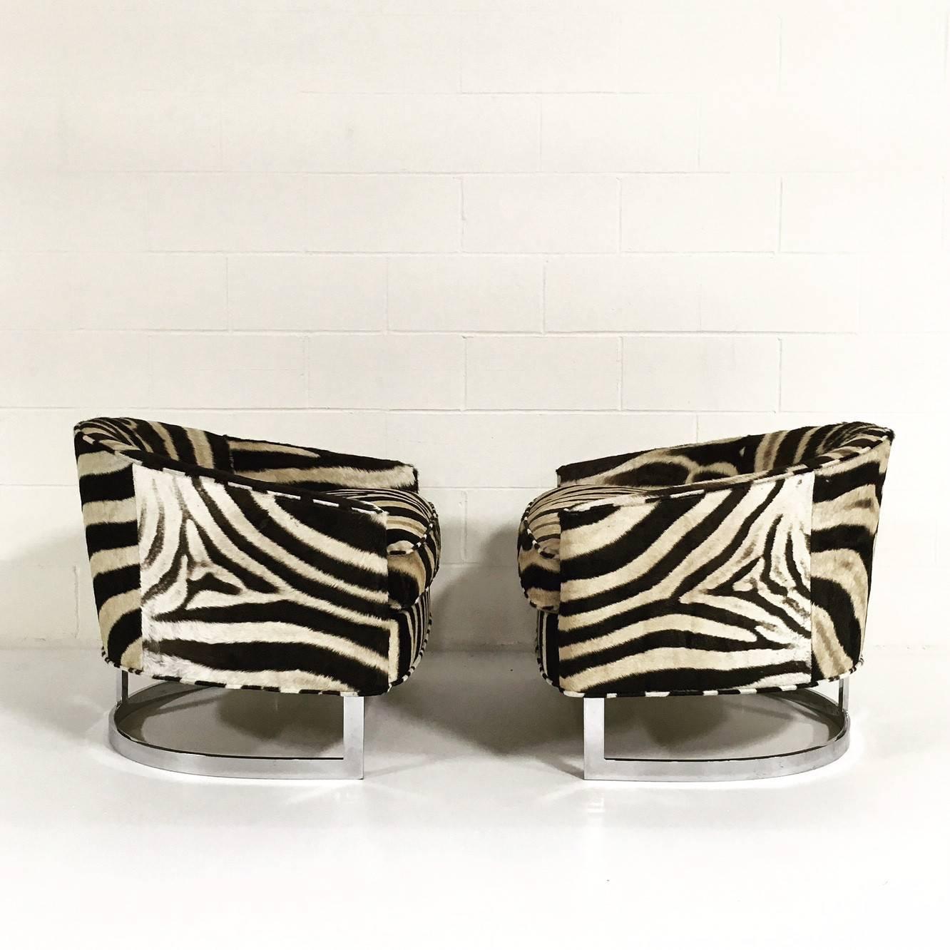 Mid-Century Modern Pair of Milo Baughman Club Chairs with Chrome Frame in Zebra Hide