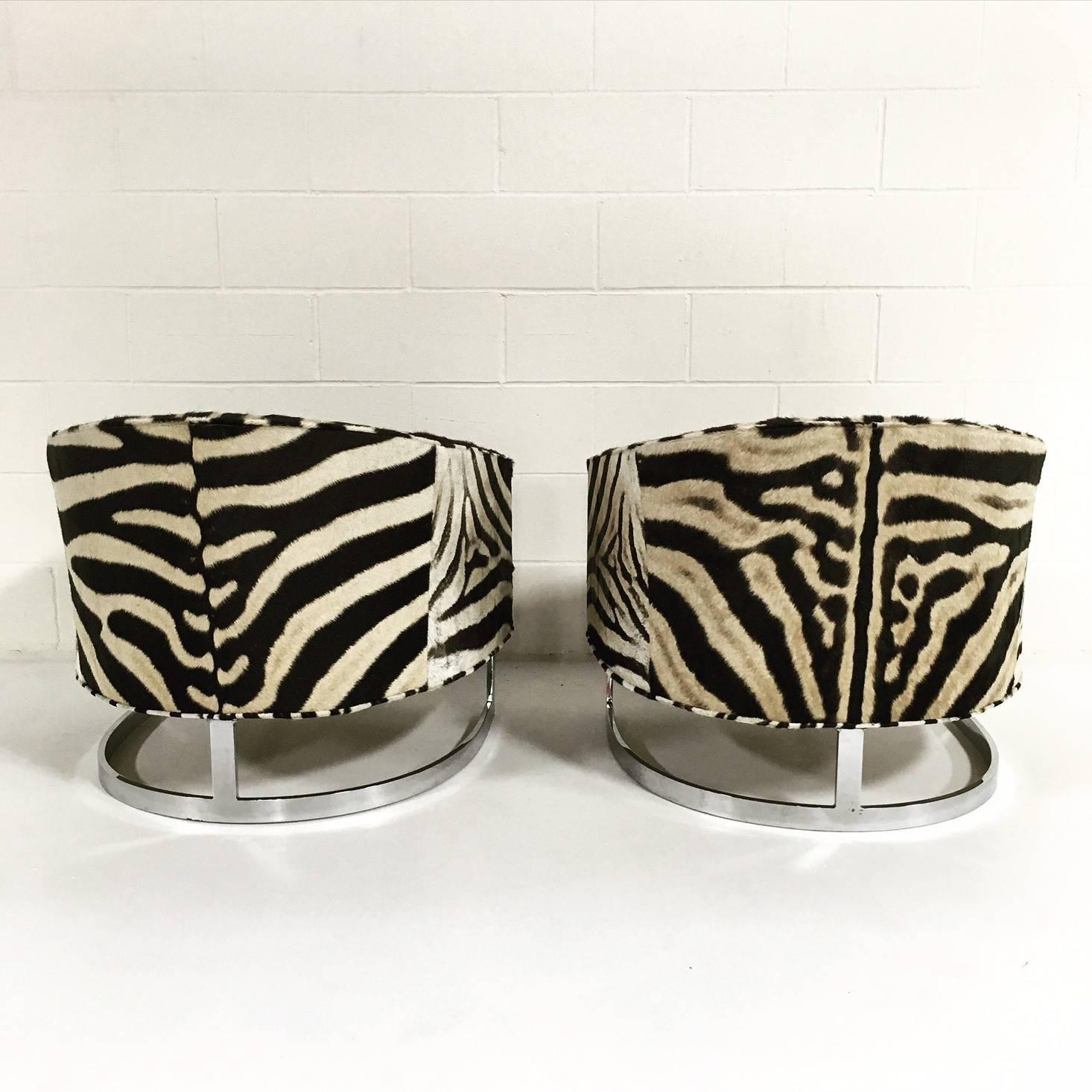 American Pair of Milo Baughman Club Chairs with Chrome Frame in Zebra Hide