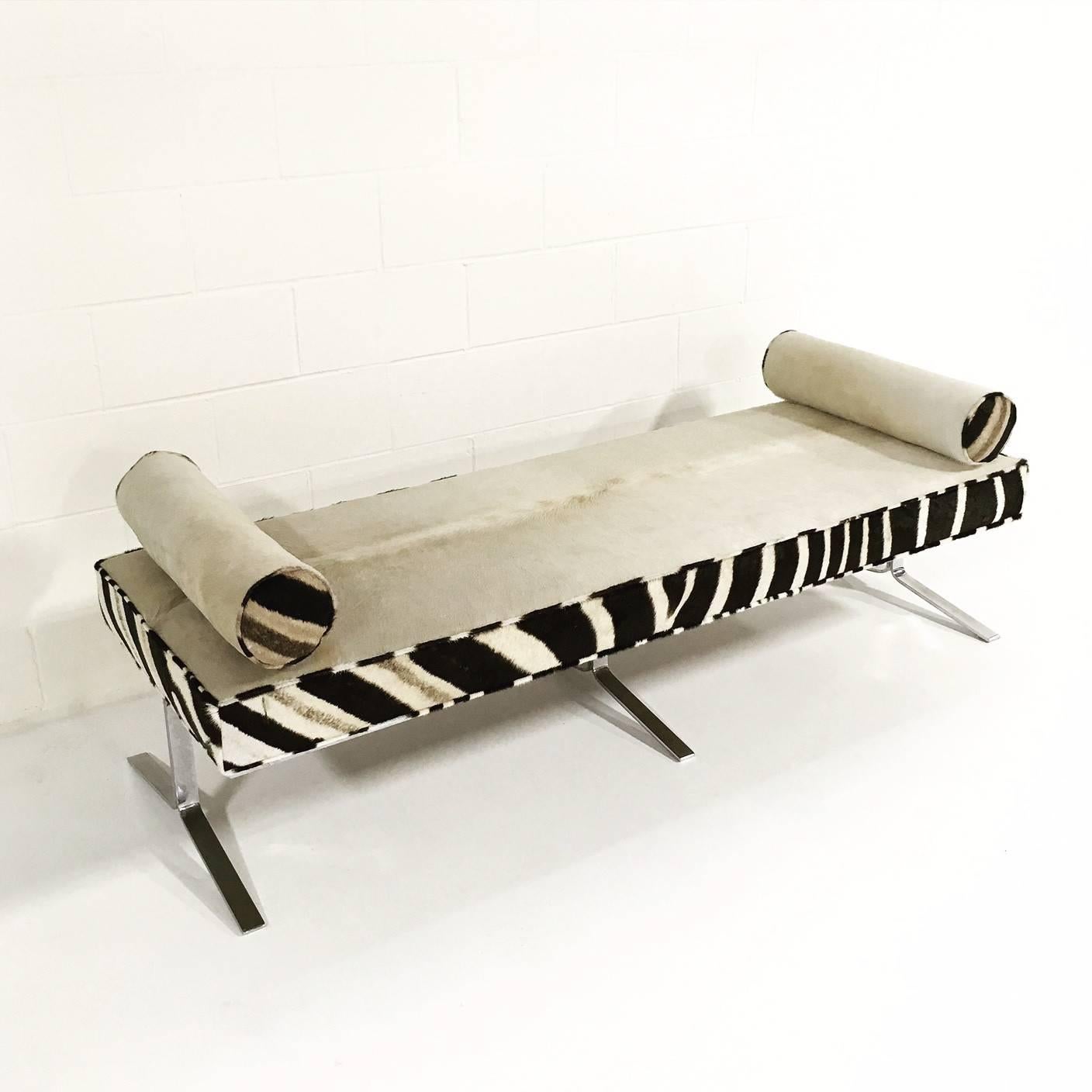 Modern Chrome Bench Restored in Ivory Cowhide and Zebra Hide In Excellent Condition In SAINT LOUIS, MO