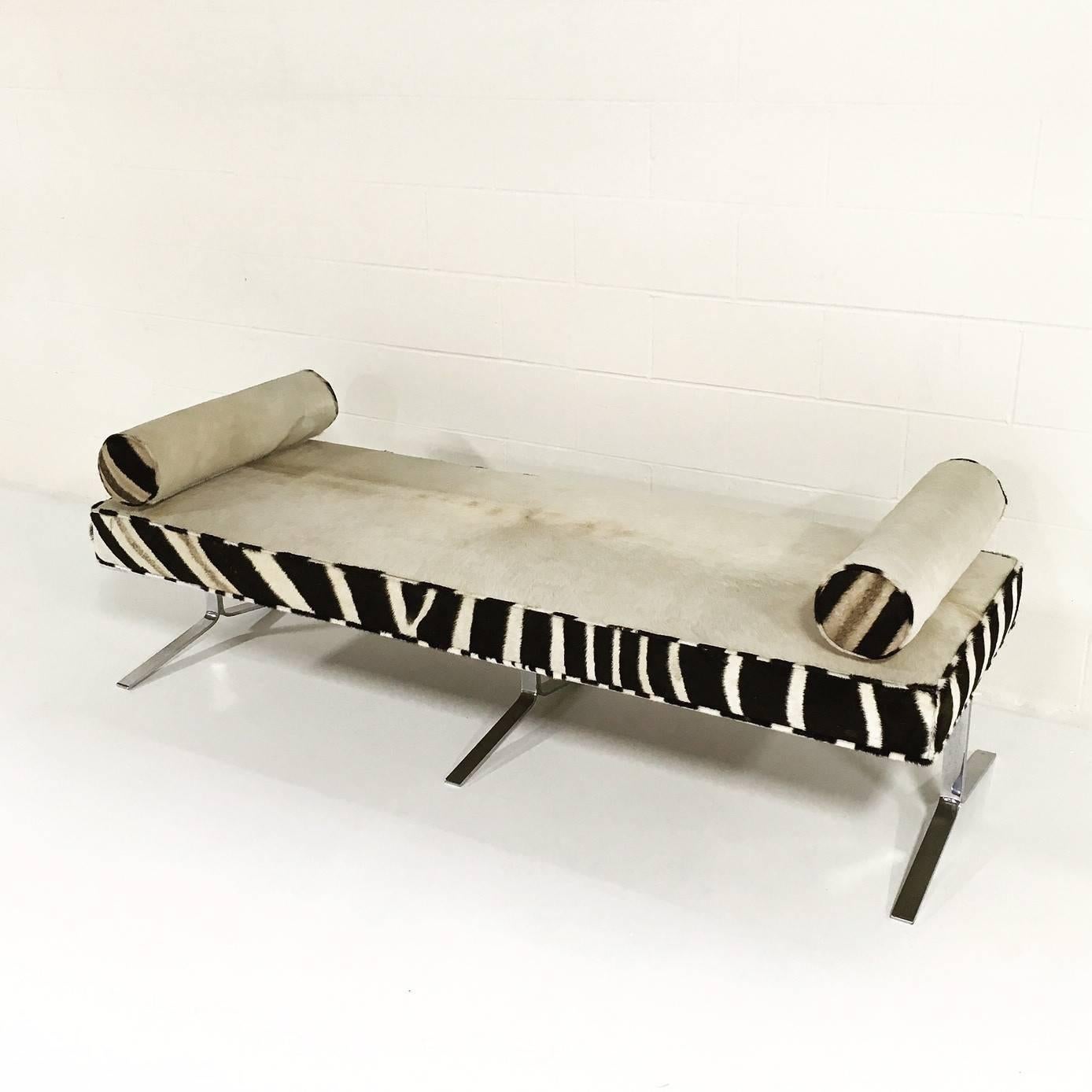 20th Century Modern Chrome Bench Restored in Ivory Cowhide and Zebra Hide