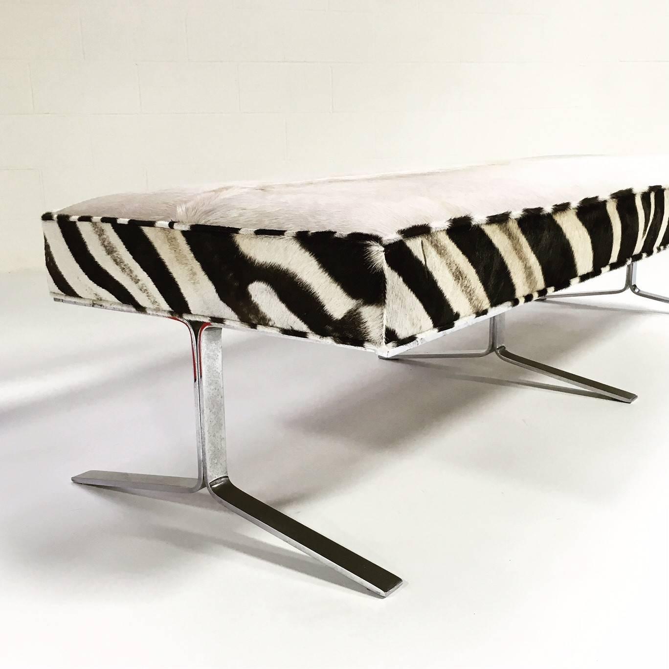 Modern Chrome Bench Restored in Ivory Cowhide and Zebra Hide 1