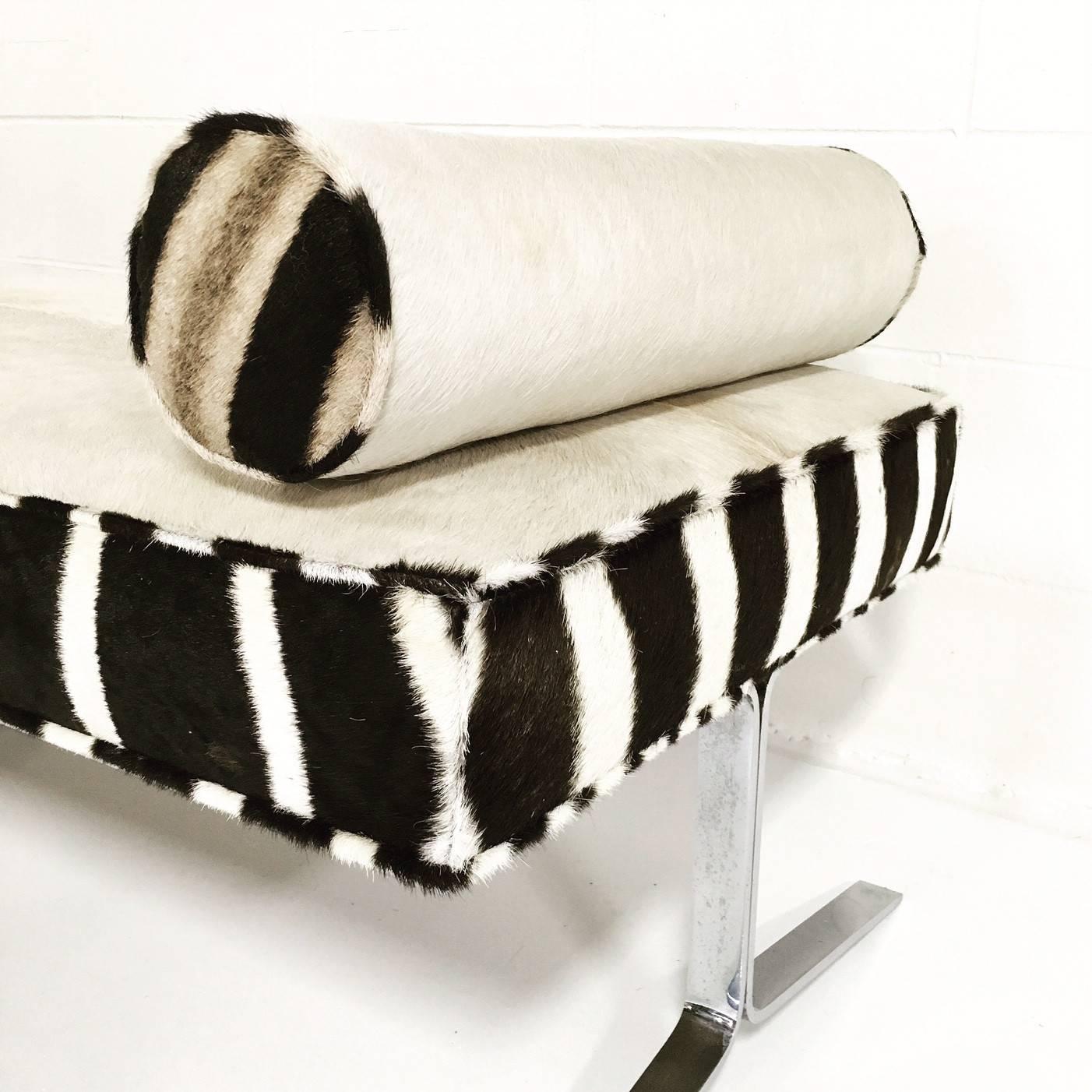 Modern Chrome Bench Restored in Ivory Cowhide and Zebra Hide 5