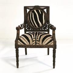 Vintage French Style Carved Wooden Chair in Zebra Hide