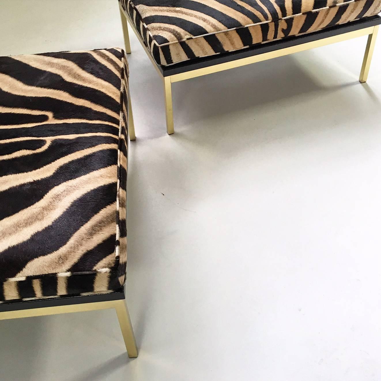 Pair of Knoll Style Zebra Hide and Brass Ottomans 2