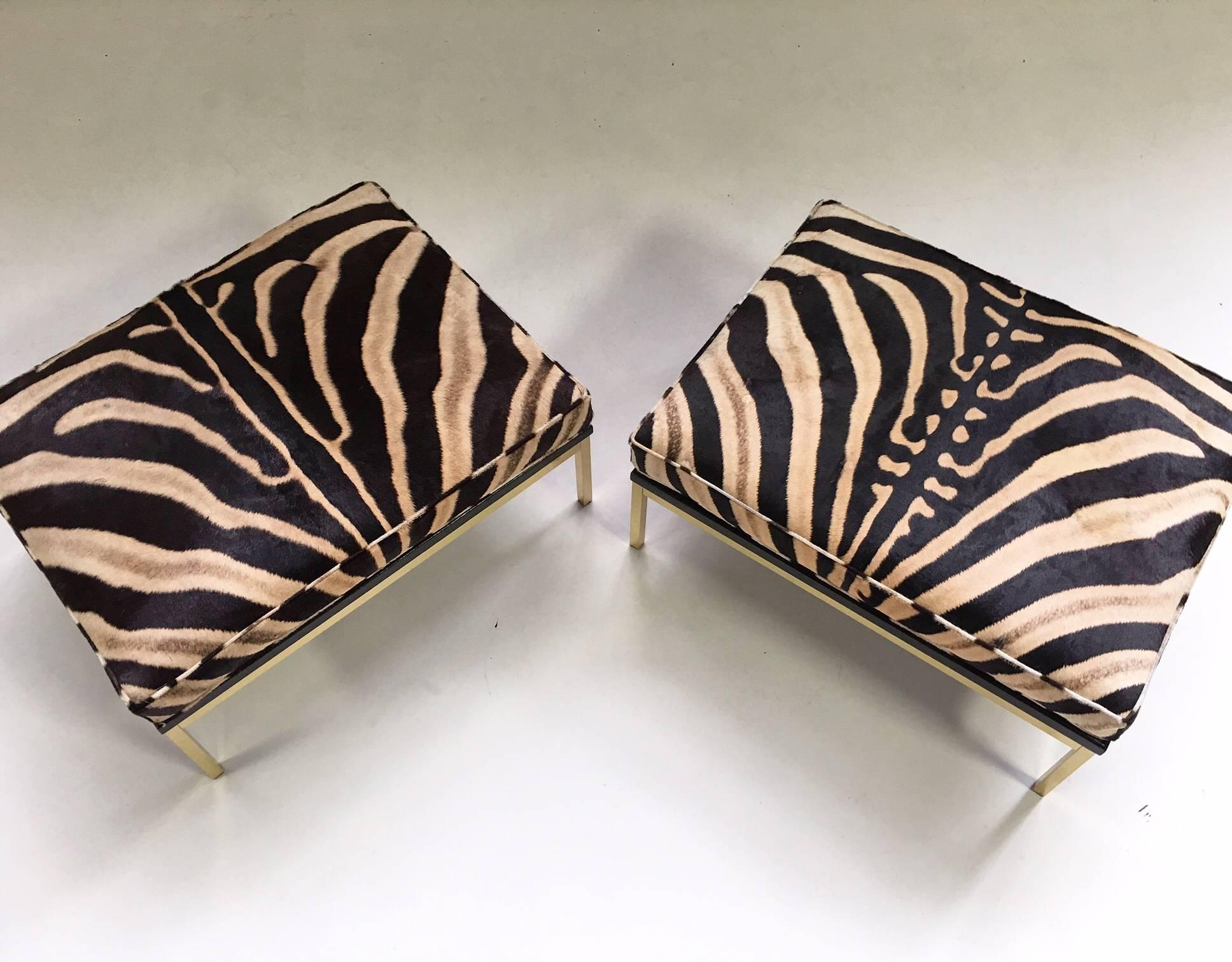 Pair of Knoll Style Zebra Hide and Brass Ottomans 3