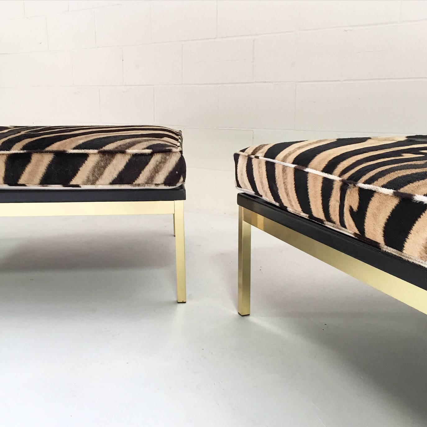 Pair of Knoll Style Zebra Hide and Brass Ottomans 4