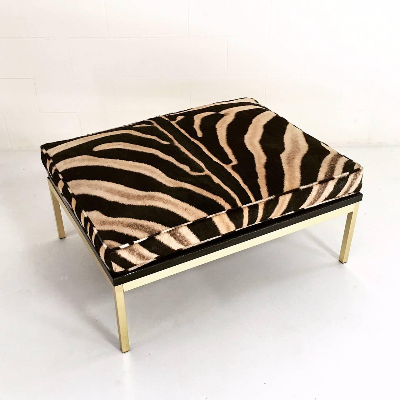 Mid-Century Modern Pair of Knoll Style Zebra Hide and Brass Ottomans