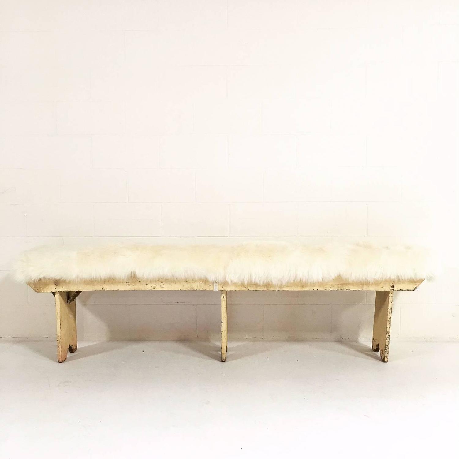 Vintage Walnut Farmhouse Bench with Sheepskin Cushion For Sale at 1stdibs