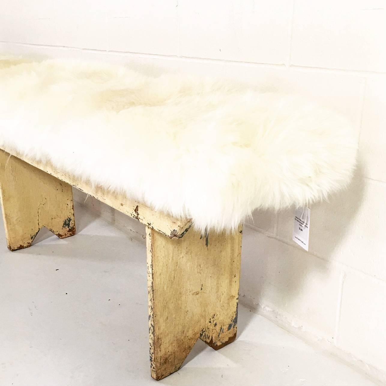 Vintage Walnut Farmhouse Bench with Sheepskin Cushion 1