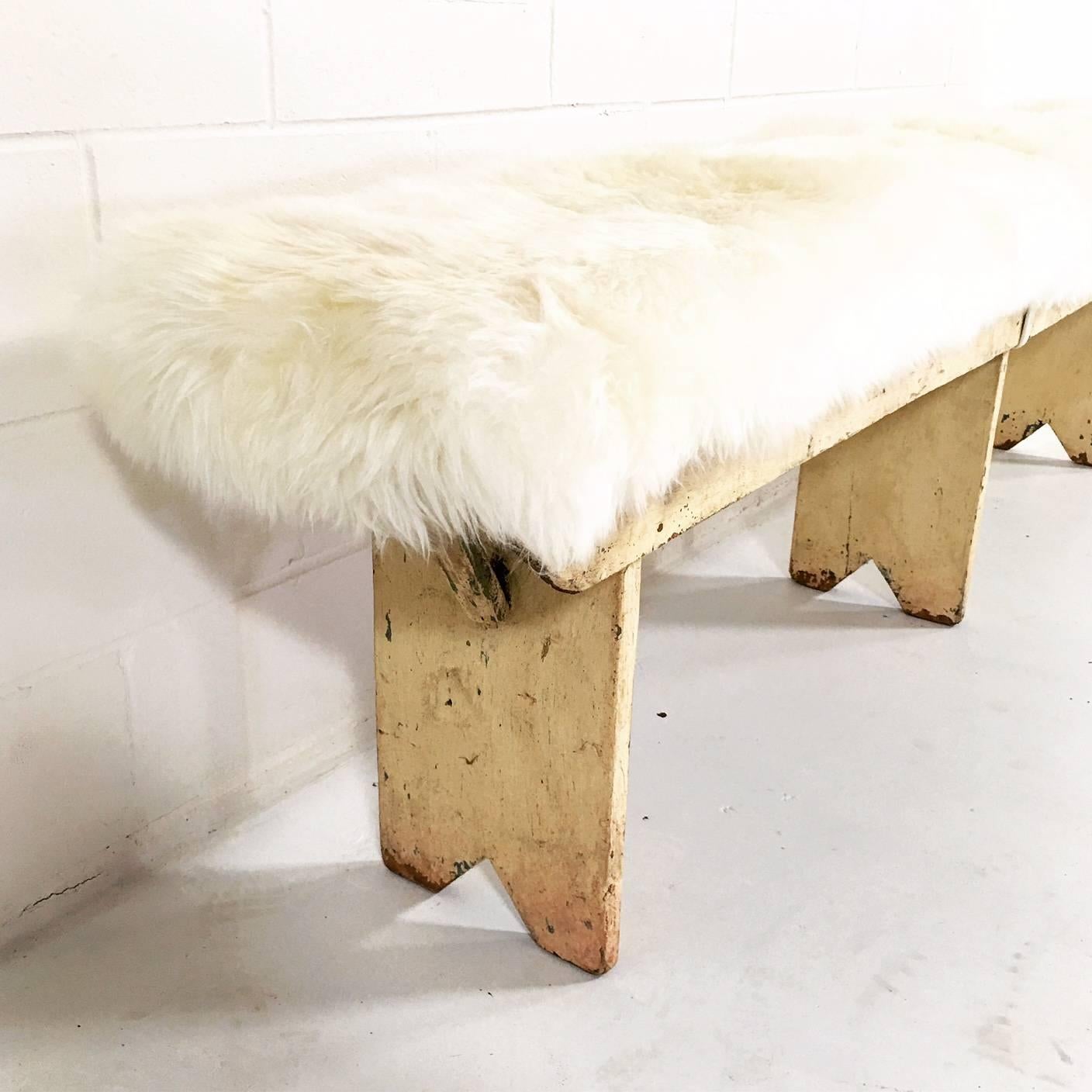 Vintage Walnut Farmhouse Bench with Sheepskin Cushion 2