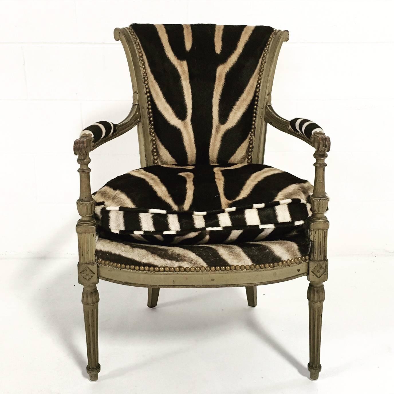 Vintage French Boudoir Chair in Zebra Hide In Excellent Condition In SAINT LOUIS, MO